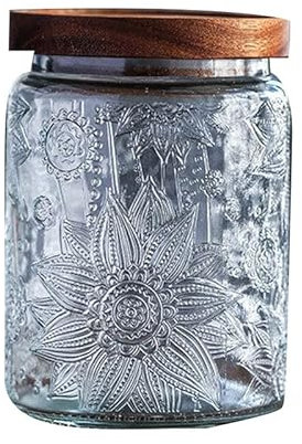 Jarsense Glasdose Vintage Glas Versiegeltes Glas mit Deckel Haushalt Lebensmittelqualität Vorratsdose Kaffeebohnen Teeblatt Vorratsdose Gerbera Muster Groß