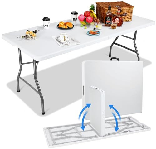 LIFERUN Buffettisch Klappbar Wetterfest 183x76cm,Gartentisch mit HDPE-Tischplatte,Klapptisch Kunststoff mit Tragegriff,Campingtisch für 10 Personen,bis 150kg,Partytisch für Garten Terrasse Balkon Weiß