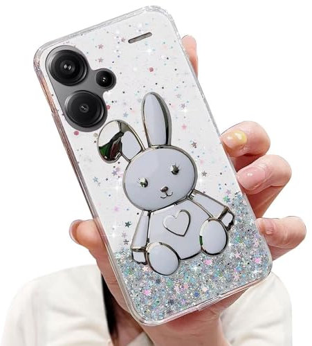 Tivenfezk Nadoli Cover Trasparente Glitter per Xiaomi Redmi Note 13 PRO Plus 5G Carino Cuore Coniglio Cavalletto Custodia,Morbido Animale Supporto Brillantini Flessibile Cover,Chiaro