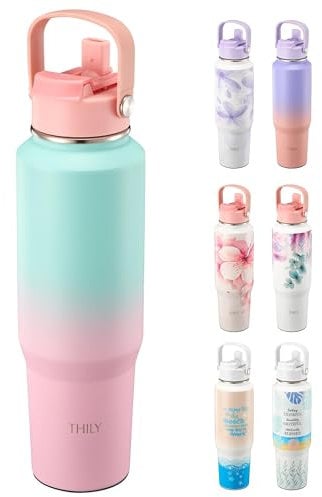 Stainless Steel Insulated Water Bottle - THILY 40 oz Triple Insulated Leakproof Wide Mouth Water Flask with Lid and Straws, Travel Tumbler Fit in Any Car Cup Holder, Powder Coated, Candy Pink