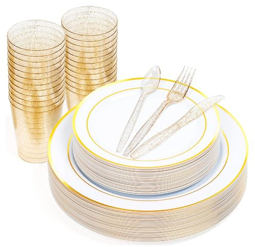 MATANA 300 Pcs Reusable White & Gold Plastic Dinnerware Set for 50 Guests - Dinner Plates, Dessert Plates, 10oz Gold Glitter Cups & Reusable Cutlery for Weddings, Birthdays & Parties