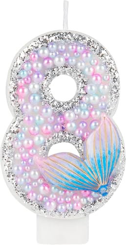 Mermaid Tail Birthday Candles, Sparkler 8th Birthday Candles, Pink Number 8 Candle for Cake, Macaron Pink Candle Cake Topper for Girls Boys Mermaid Themed 8th Birthday Party Decorations Supplies