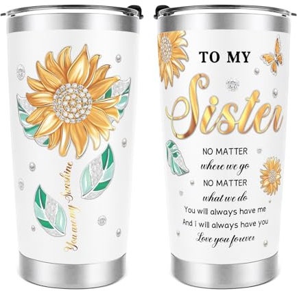 Apjielop Sister Birthday Gifts, Gifts for Sister, Pamper Gift for Women, Graduation Christmas Thanksgiving Day and New Year Presents for Her, Sunflower Insulated Stainless Steel Tumbler 20 Oz