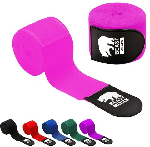 Bande Boxe 5 mètres Semi-élastiques et avec Boucle de Pouce. Bandages de Boxe pour Hommes et Femmes (Kick Boxing, Muay Thai, MMA, Arts Martiaux, fitboxing). Bandes de Boxe Respirantes (Rose)