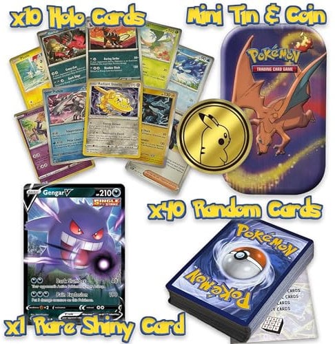 Ultimate Shiny Mini Tin Bundle - 50 Random Cards Guaranteed: 10 Holos, 1 Rare Shiny, 1 Coin & The Toy Box Card - Compatible with Pokemon TCG