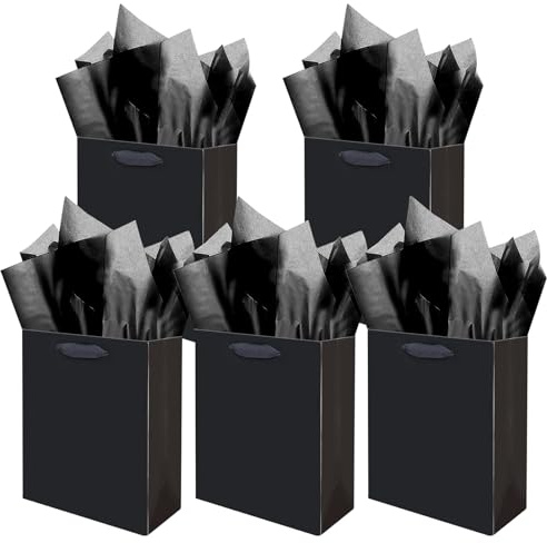 Gcardist Black Gift Bag with Tissue Paper for Birthday,Wedding, Party Supplies-20x11x24cm Medium Size Cardboard Gift Bags（8x4.3x10Inch,5pcs + Tissue Paper ）