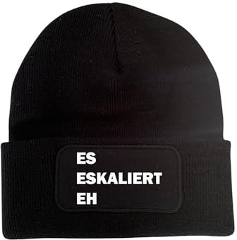 Styleaufdruck Lustige Strickmütze Es eskaliert eh – Warme Wintermütze für Damen und Herren – Beanie mit humorvollem Spruch (DE/NL/SE/PL, Alphanumerisch, Einheitsgröße, Schwarz/Weiß)
