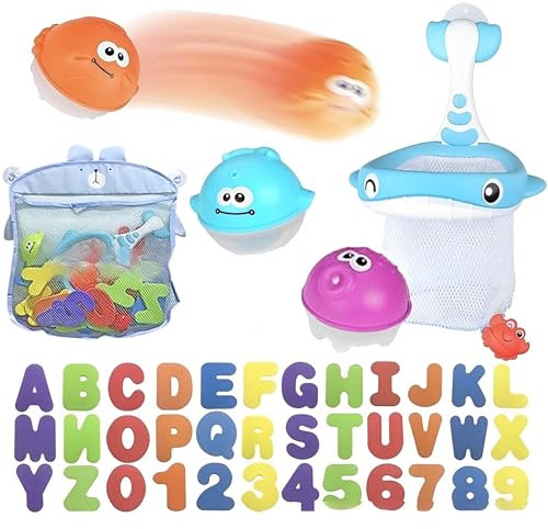 WYFCR 45PCS Jouet de Bain, 1 récepteur avec des Lettres et des Chiffres de Baignoire en Mousse Souple, 2 en 1 conçu Filet de pêche de Baleine et 3 Boules d'animaux de pulvérisation d'eau Flottante
