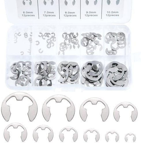 Anillo de Retención Extern, 120pcs E-Clip Electrónicos de Acero Inoxidable, Anillos de Retención Surtido 1.5/2/2.5/3/4/5/6/7/8/9/10mm, 10 tamaños con caja de plástico