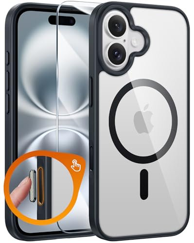 FNTCASE für iPhone 16 Klar Hülle: Magnetisch Militärischen Grad Fallschutz Anti Vergilbung Schlankes Hülle - Robuste Stoßfeste Schützende Transparente Handyhülle - 6,1 Zoll (Schwarz - Kamerasteuerung)