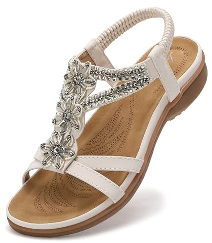 Littleplum Women's Flat Sandals Casual Summer Bohemia Rhinestones Sandals, Cream white, 6 UK