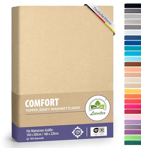 leevitex Premium Topper Boxspringbett Spannbettlaken | 100% Mako-Jersey-Baumwolle | ÖKO-TEX | 170g/m² | 140 x 200-160 x 220 | Düne/Sand | 18 cm Steg