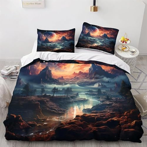 Zbeiba Fantasielandschaft Bettwäsche 135x200cm Bettbezug Set Mikrofaser Angenehme Bettbezug und 2 Kissenbezug 80x80cm 3 teilig,#10,3D Drucken Bettbezug Mit Reißverschluss