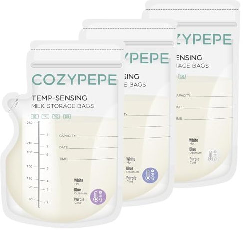 Sacs de Conservation du Lait Maternel de 200 PCS, Sac de Stockage de Lait Maternel de 250ml avec Bec Verseur, Sac de Lait avec Changement de Couleur Sensible à la Température pour une Allaitement Pra