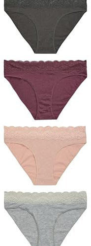 NEXT Damen Hüfthohe Baumwollslips mit Spitzenbesatz, 4er-Pack Grau meliert/Rosa/Pflaume 36