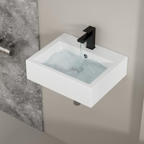 GHOMEG Fregadero de baño montado en la pared de 20 x 17 pulgadas, fregadero de montaje en pared para baños, colgante de pared, rectangular, blanco, de porcelana y cerámica, lavabo de baño