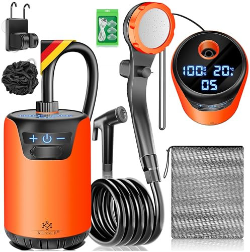 KESSER® Douche mobile de camping avec pompe et batterie rechargeable 8000 mAh | Kit de douche de camping avec pommeau de douche réglable, tuyau de 2 m, pistolet pulvérisateur et support