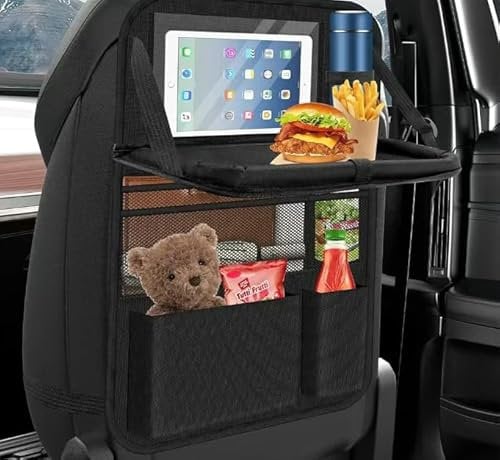 Ixydor 2 Pièce Protections Dossier de Siège Voiture, Protege Siege Voiture Enfant, Organisateur Voiture Enfant, Imperméabl Rangement Siege Voiture avec Plateau de Voyage et Poche Transparente, Noir