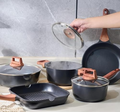 8pcs cookware Set Nonstick Skillet Black Granite, Non Stick Frying Pan,Suace Pot 5QT Stock Pot Grill Pan Omelette Pan Egg Frying Healthy Stone Cookware, Compatible with All Stovetops, PFOA Free