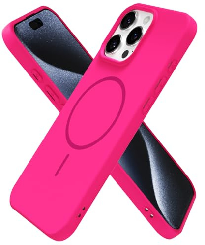 oakxco for iPhone 15 Pro Case Silicone Mag Safe, Magnetic Slim Thin Phone Case Compatible with Magsafe Wireless Charging, Cute Girly Bright Fluorescent Rubber Gel for Women Girls, Neon Hot Pink