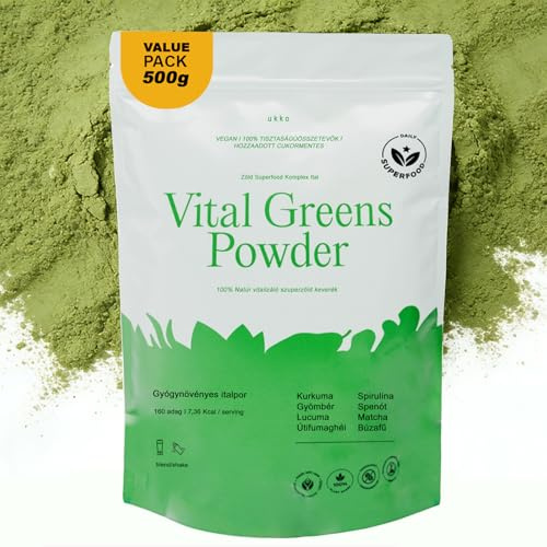 UKKO Vital Greens Superfood Pulver mit Magnesium & Ballaststoffen 500 g | Mit Spirulina, Matcha, Weizengras & 8 Kräutern – reich an Makro- und Mikronährstoffen sowie Ballaststoffen