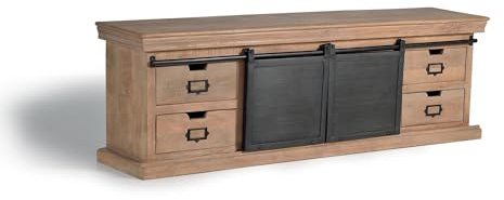 Mueble TV - Mueble de Televisión - Madera de Mango y Metal - Puertas Correderas y Cajones de Carácter Industrial - Natural y Gris Oscuro Envejecido - 55 x 170 x 40 cm - Colección Industrial