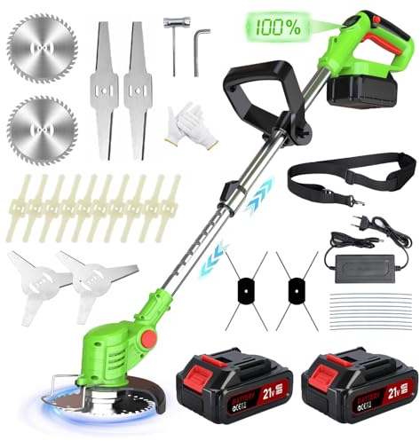 Rasentrimmer mit Akku, 5 In 1 Akku Rasentrimmer für Makita Akkus mit 5 Klingentypen, 21V Freischneider Akku, Teleskopierbar, 90° Drehung für Garden Trimmen,Grün