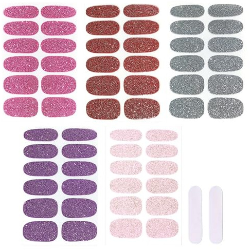Glitzer Nagelfolie, 5 Farben Ultra-dünne Nagellack Streifen, 60PCS Gel Nail Strips Einfarbig, Bunte Fingernägel zum Aufkleben, Nagelsticker, Silber Nagellackstreifen, Nagelaufkleber, Rosa Lila Silber