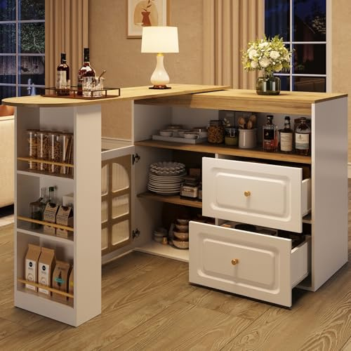 YEHTOKHOME Table de Bar Extensible 138-204 cm, Ilot Central Cuisine avec 2 Portes en Verre Trempé Bombé, 2 Tiroirs et 3 Étagères Latérales, Rotation Libre à 360 ° (Blanc-1)