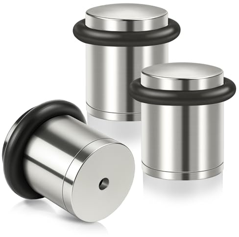 Door Stoppers, 38mm Floor Mounted Door Stops, Indoors Metal Polished Door Stop with Rubber Bumper, Solid Modern Cylindrical Doorstop for Wall Protector, 3 Pack