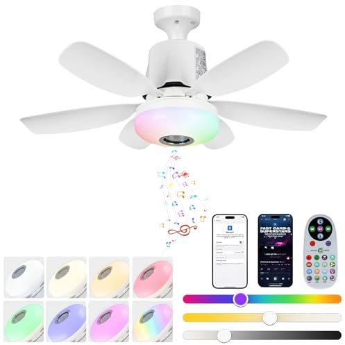 ConBlom 47cm Modern Ceiling Fan Light with 6 Blades, Remote Control RGB Dynamic Lighting + Bluetooth Speaker 3 Speed & Color Temp Settings for Kids Bedroom, Game Room & Party Decor (White)