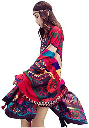 Femmes Châle de Plage Bohême Anti-UV Coupe-Vent Rétro Boléro Tunique Imprimé Floral Longue Cardigan Respirant d'Été Robe de Voyage Kimono Femme Vacances Cache-maillots de Bikini Frangée Élégant