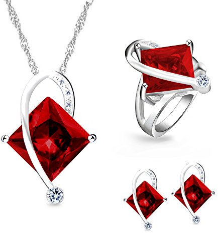 Uloveido Fashion Silber Überzogene Große Quadratische Rote Geburtsstein Anhänger Halskette Pierce Ohrringe Zierliche Geburtsstein Ring Party Schmuck Set für Freundin (Rot, Größe 62) T295