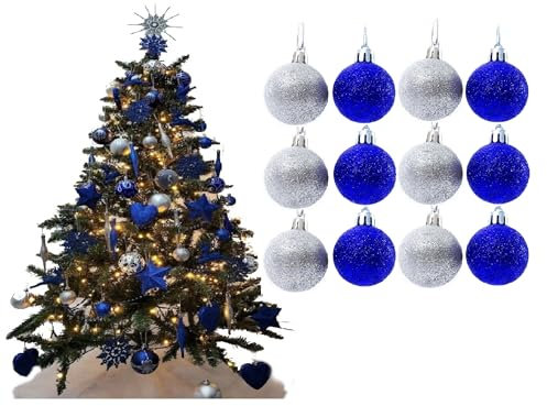 Simply Products Christmas Baubles 3.8cm - Great Christmas Tree Hanging Ball Decorations, Matte & Glitter Baubles Pack of 12-3.8cm (Royal Blue & Silver Glitter)