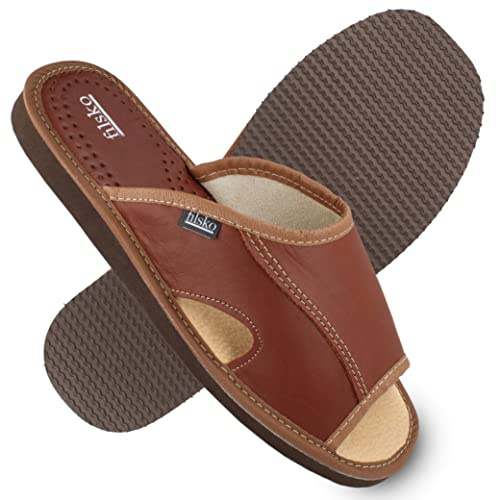 filsko® Bleik - Slippers Herren - halb offen - EVA Sohle - Naturleder - rutschfest - atmungsaktiv - braun - 44 EU