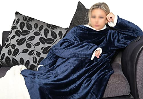 A2Z Unisex Mens Ladies Wearable Double Layer Blanket With Sleeves Super Soft - TV DL Blkt Navy Adult