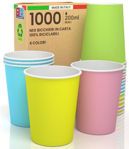 1000 Bicchieri in Carta 200ml Ecologici Biodegradabili Monouso Made in Italy Asporto Bevande Calde Acqua - MIX di Colori Verde Giallo Rosa e Celeste - Prodotto e Confezionato in Italia