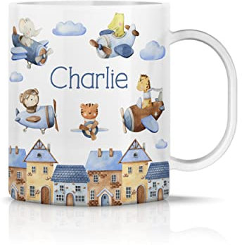 iCaseDesigner Personalised Childrens Mug - Unbreakable Lightweight Polymer - Add Your Own Name - Animals in Planes
