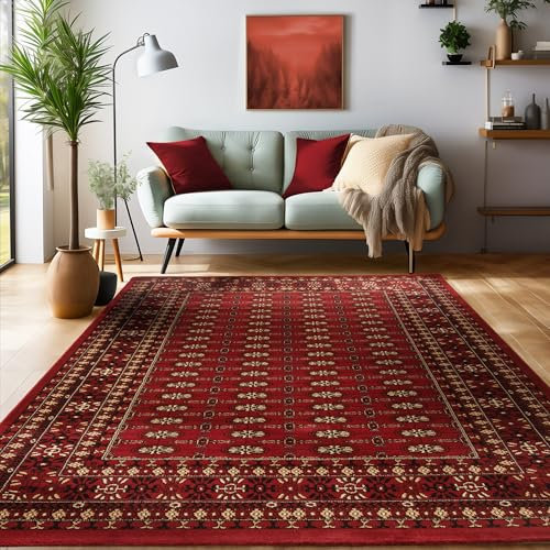 SIMPEX Orientalischer Teppich Wohnzimmer, Schlafzimmer, Esszimmer, Läufer, Flur Boho Teppich Kurzflor Weich 12 mm Carpet Orient, Rot, 240 x 340 cm