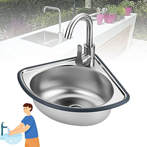 BEdaw Fregadero de Utilidad Independiente, Fregadero de Acero Inoxidable de un Seno, Fregadero de Esquina para Montaje en Pared, con Escurridor Y Grifo, para Lavadero 13.4 * 13.4In * 5.1In Coldalone