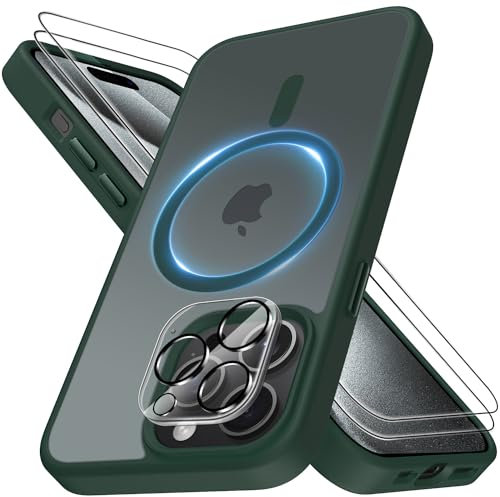 Mootobo for iPhone 15 Pro Max Case Compatible with Mag-Safe, Strong Magnetic Case with 2 Screen Protector and Lens Protector, Anti-Scratch Matte Back Slim Shockproof Phone Case 6.7 Inch, Deep Green