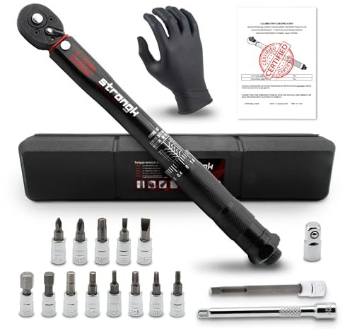 STRONG K® Clé Dynamométrique 1/4 de Torsion 5-25 Nm, Précision ± 3%, 18 Pièces Kit D'entretien pour Vélos Route Montagne avec Barre D'extension, Clé à Cliquet 1/4, Hex et Torx Bits, Douilles Allen
