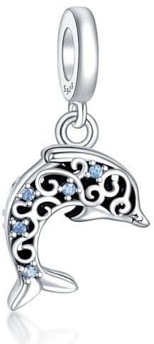 RMMY Charm Blue Diamond Dolphin Charm Anhänger für Armband Halskette Muttertag Geschenk für Frauen 925 Sterling Silber Beads with Zirkonia Schmuck
