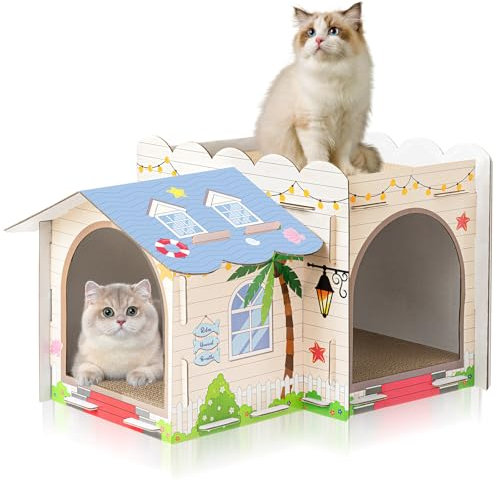 Casa de cartón para gatos de varios niveles con 3 rascadores, grande y resistente, villa de playa para gatos, 17 x 12 x 10 pulgadas, linda cama de condominio, juguetes escondite para conejitos