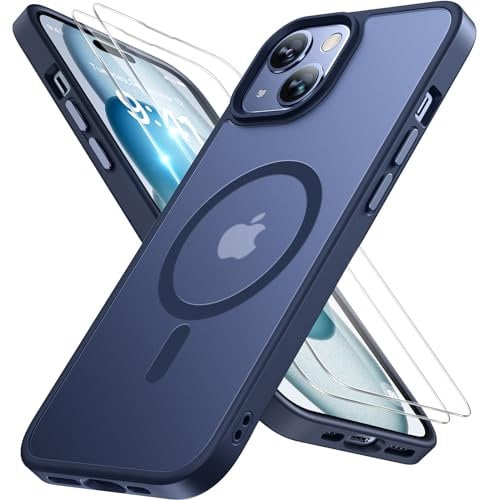 Miracase Magnetisch für iPhone 15 Hülle Kompatibel Mit MagSafe[mit 2 Schutzglas] Militärnorm Schutz Anti-Fingerabdruck Schlanke Ausführung Handyhülle für iPhone 15 6,1 Zoll, Matt-Blau
