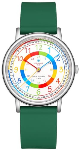 Alienwork Lernuhr Kinderuhr Jungen Mädchen Silber Silikon-Armband Grün Mehrfarbig Kinder-Uhr Zeit Lernen Ultra-flach dünn