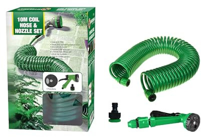 Bargains Crown 10m (33ft) Expandable Garden Hose Pipe | Retractable Water Hose with 5 Functions Spray Nozzle | Lightweight Tangle Free Flexible Hose Pipe for Plant Watering Patio Decking Cleaning