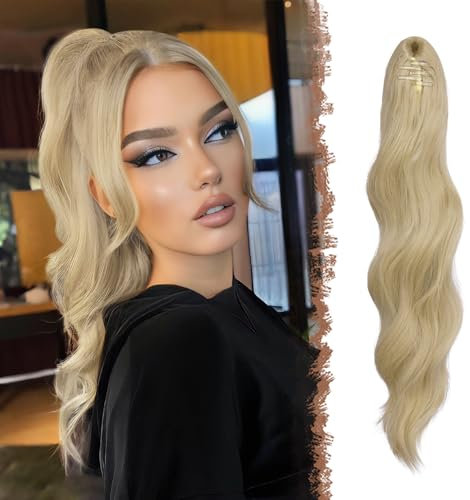 FESHFEN Pferdeschwanz Extensions Klammer, 50 cm Hair Extensions Zopf Lang Pferdeschwanz Haarteil Clip Gewellt Extensions Zopf Pferdeschwanz Haarverlängerung für Frauen Damen Aschblond