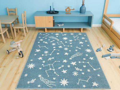 AKCILA Lima Kinderteppich Pastellblau Creme mit Sternen 140x190cm | weicher moderner Teppich für Kinderzimmer, Nachthimmel und Weltraum Design, Kinderteppich in verschiedenen Größen erhältlich