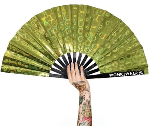 WONKIWEAR Fan, Folding Handheld, Yellow Holographic, Iridescent, Large Strong Black Bamboo. Unisex for Rave, Festival, Concert, Drag, Gay Pride (Yellow Holographic, Large)